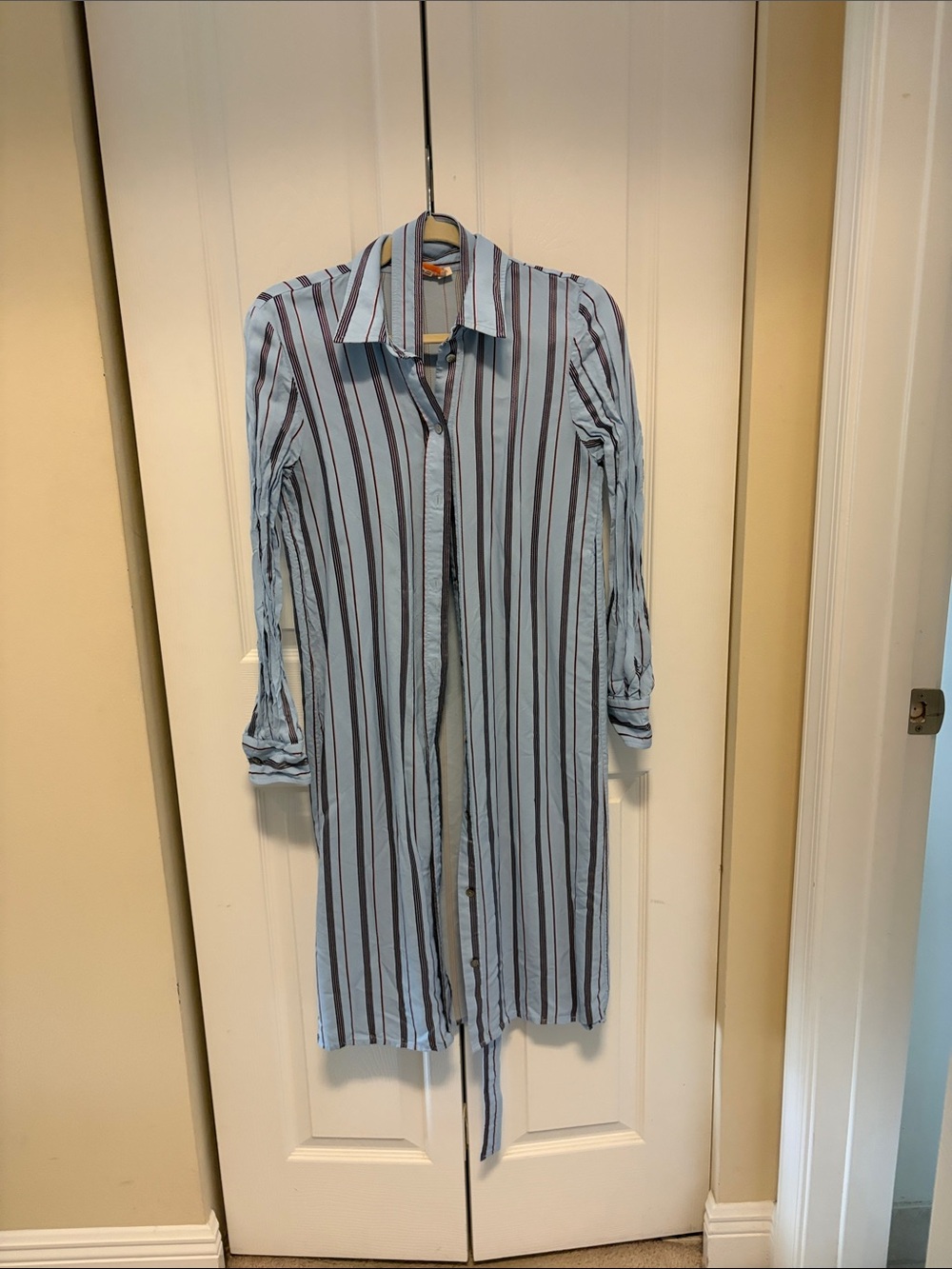 Tory Burch Light Blue and Navy Striped Long Shirt Dress